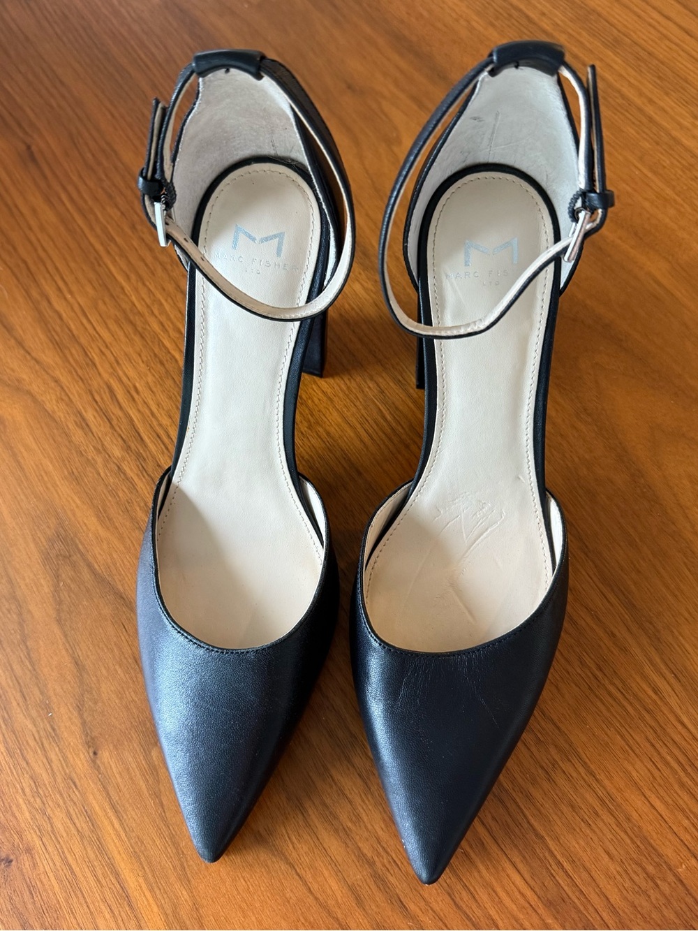 Marc Fisher - Black Pointed Toe Ankle Strap Leather Pumps - Sz 9.5
